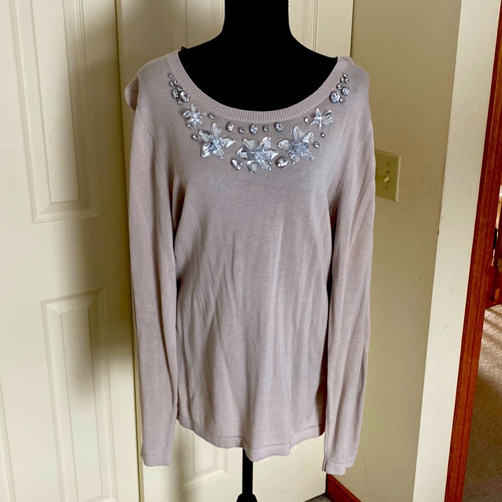 Boston Proper Light Pink Crewneck Sweater with Floral Embellishments